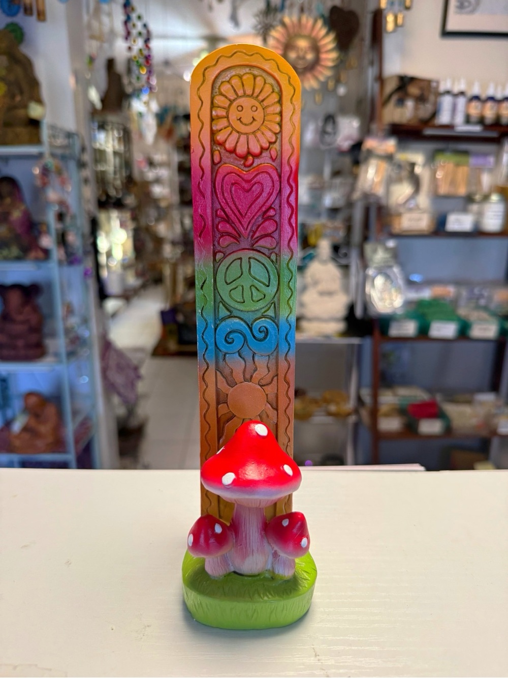 Rainbow Peace Sign Incense Holder with Red Mushroom